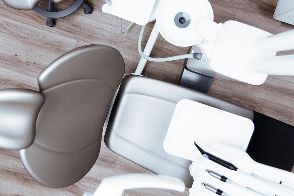 Bird's eye view of dentist chair and tools